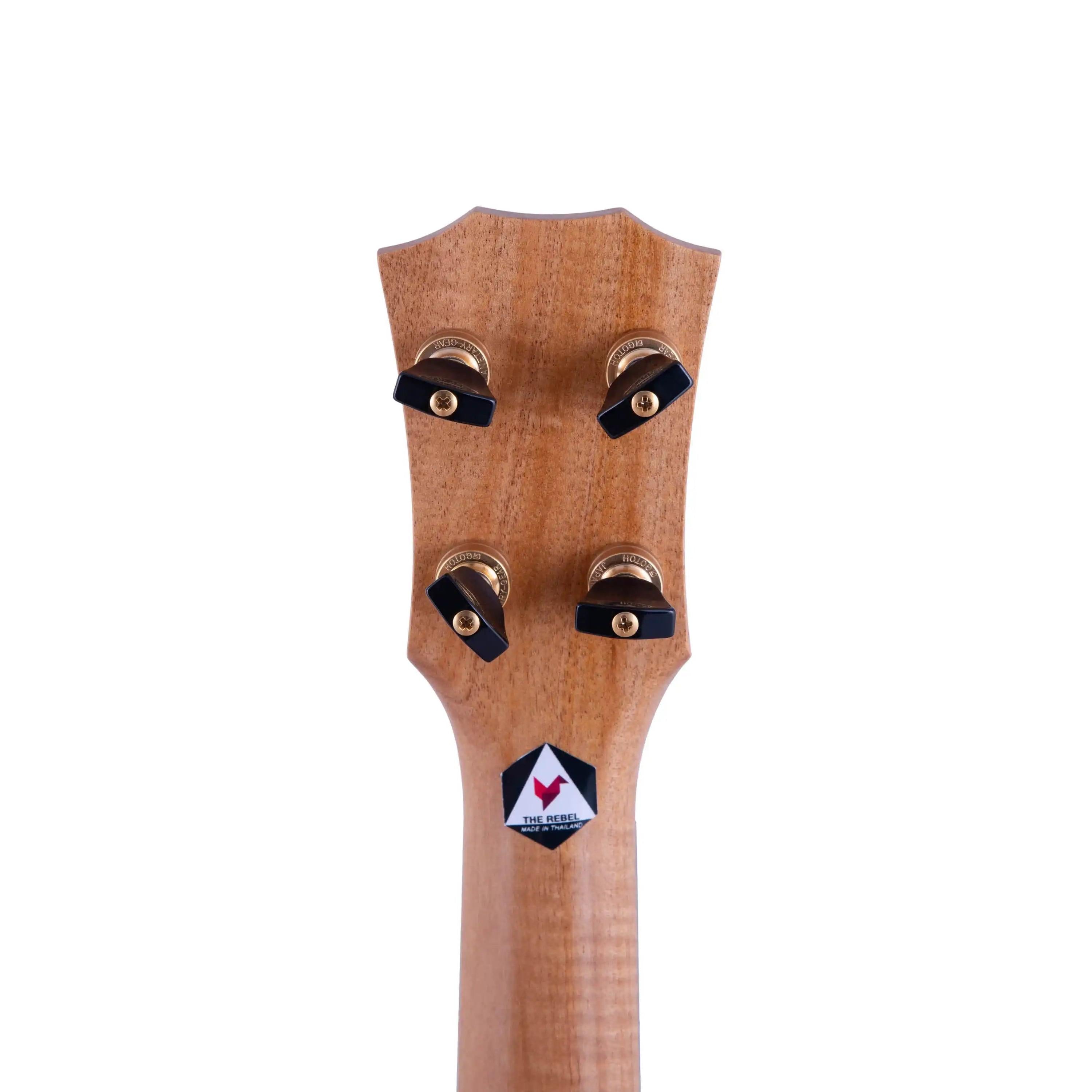 The Rebel ukulele headstock with gold tuners, natural wood finish, Terry Carter Music Store