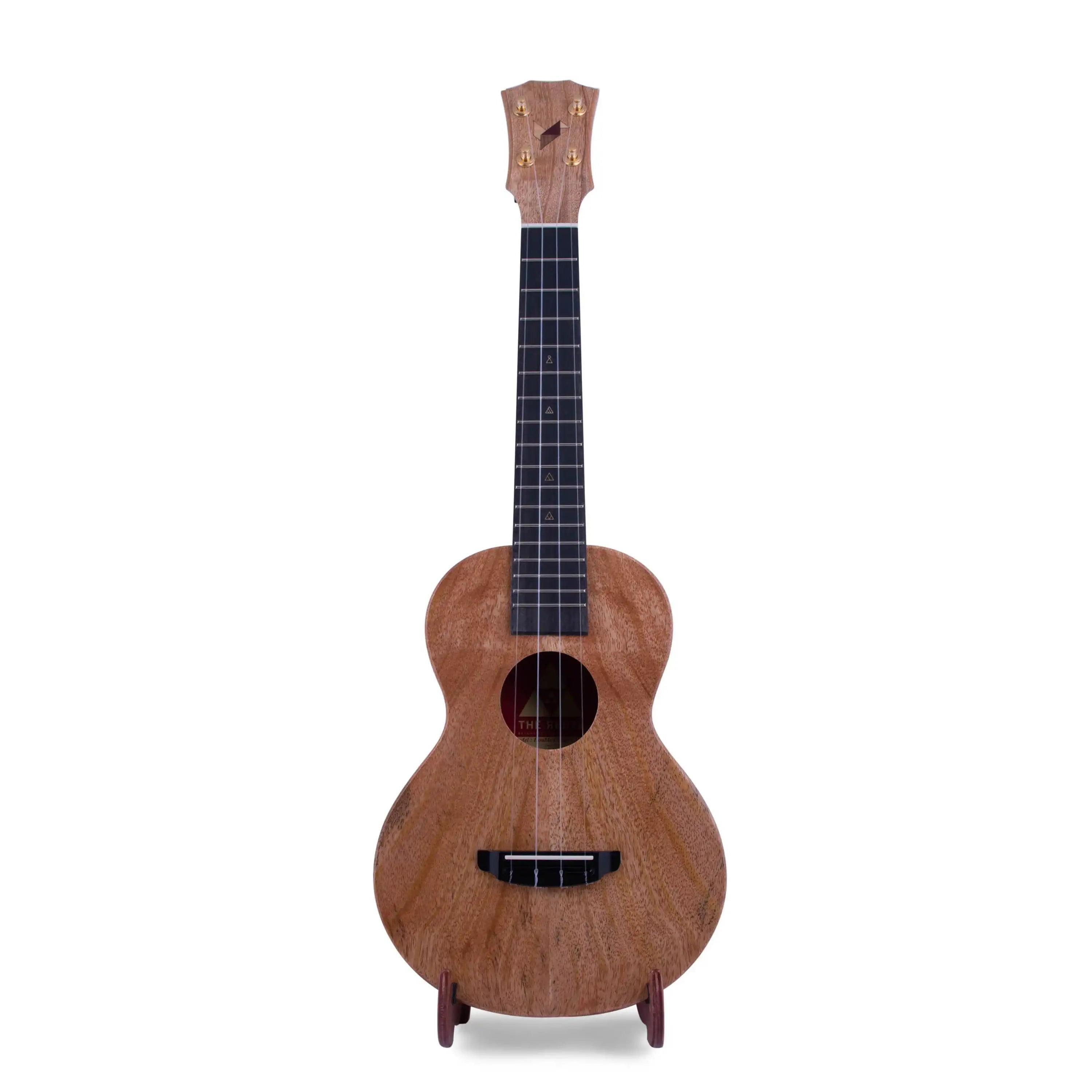 Rebel ukulele with natural wood finish on stand, concert size, at Terry Carter Music Store