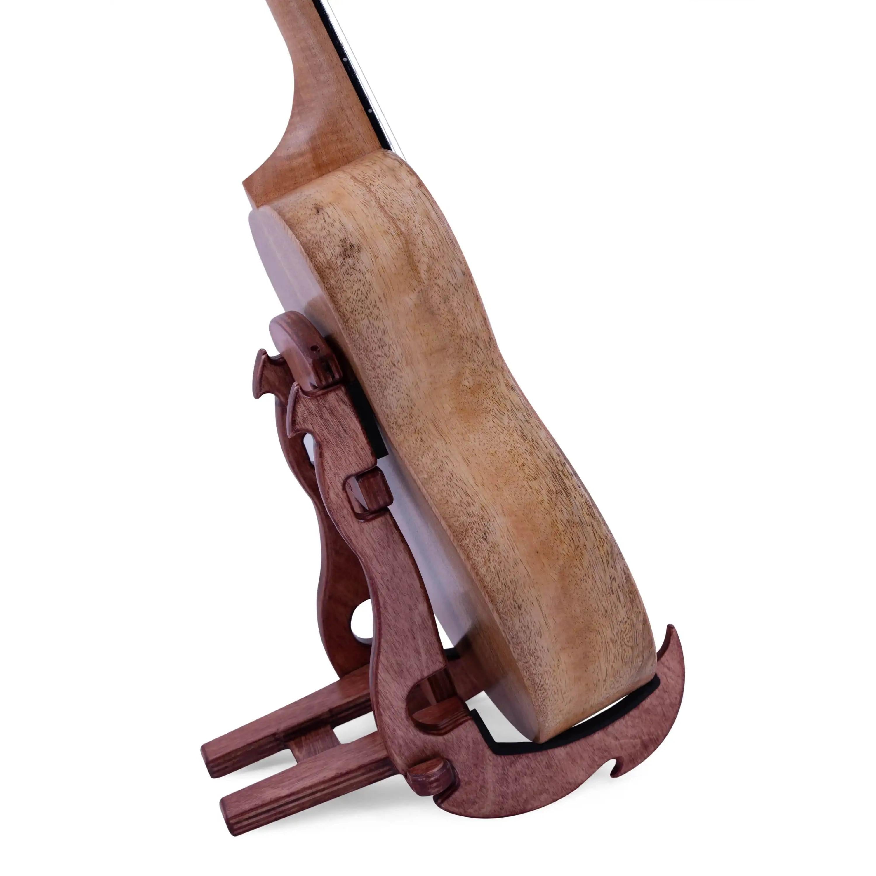Rebel natural wood ukulele side view on wooden stand at Terry Carter Music Store