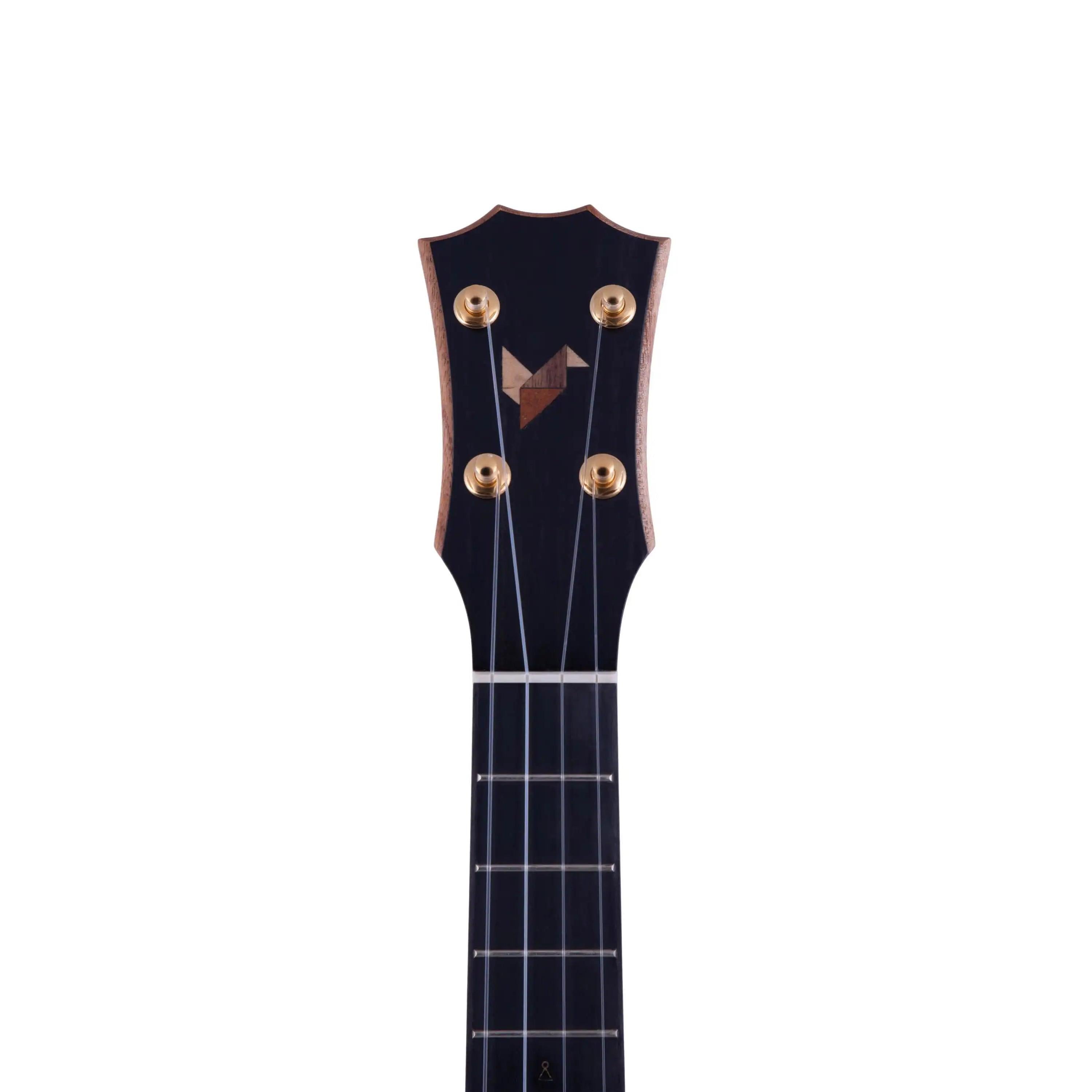 Rebel ukulele headstock with dark wood finish and gold tuners at Terry Carter Music Store