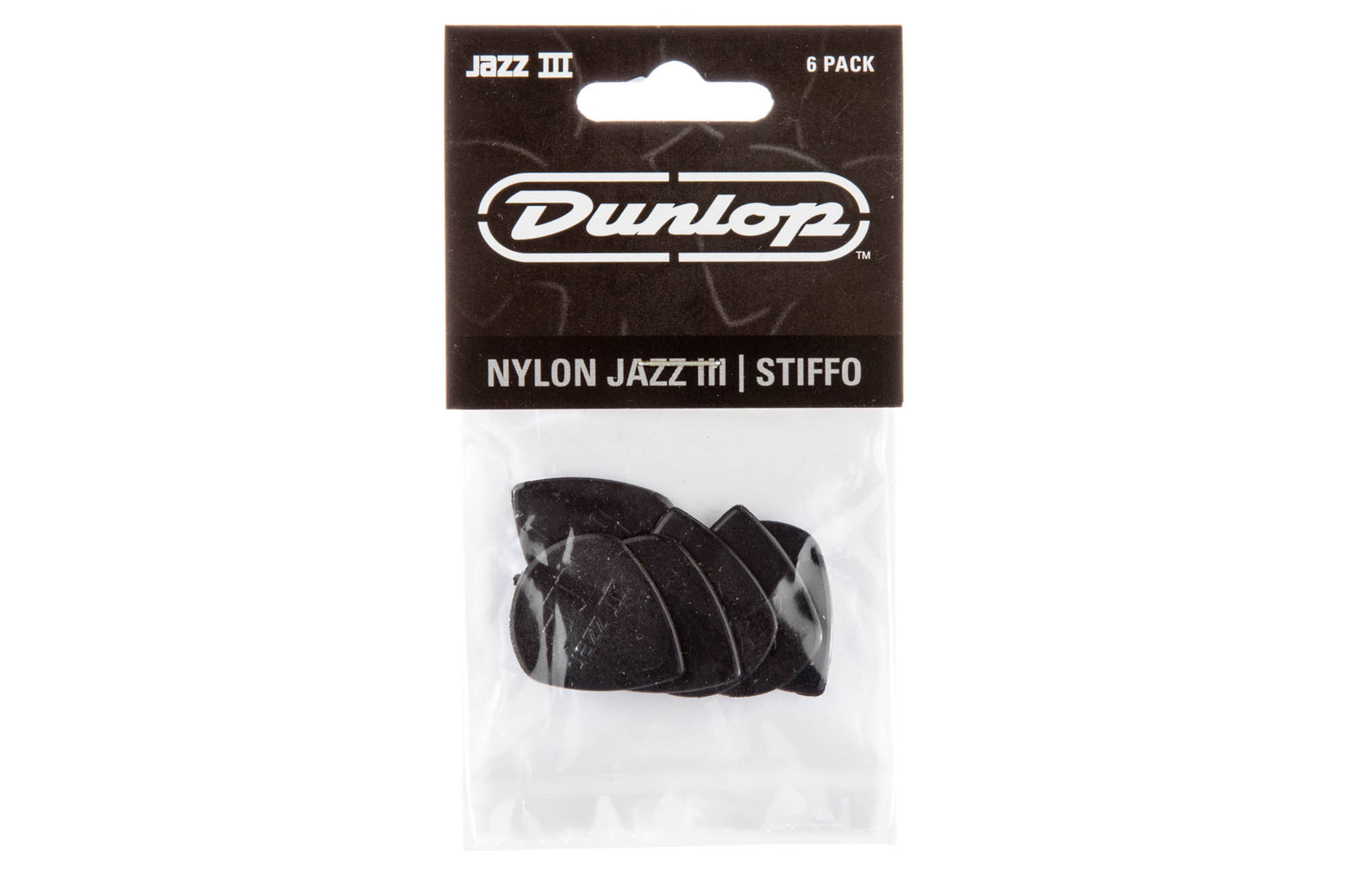 Dunlop Nylon Jazz III Stiffo Black Guitar & Ukulele Picks 6 Pack